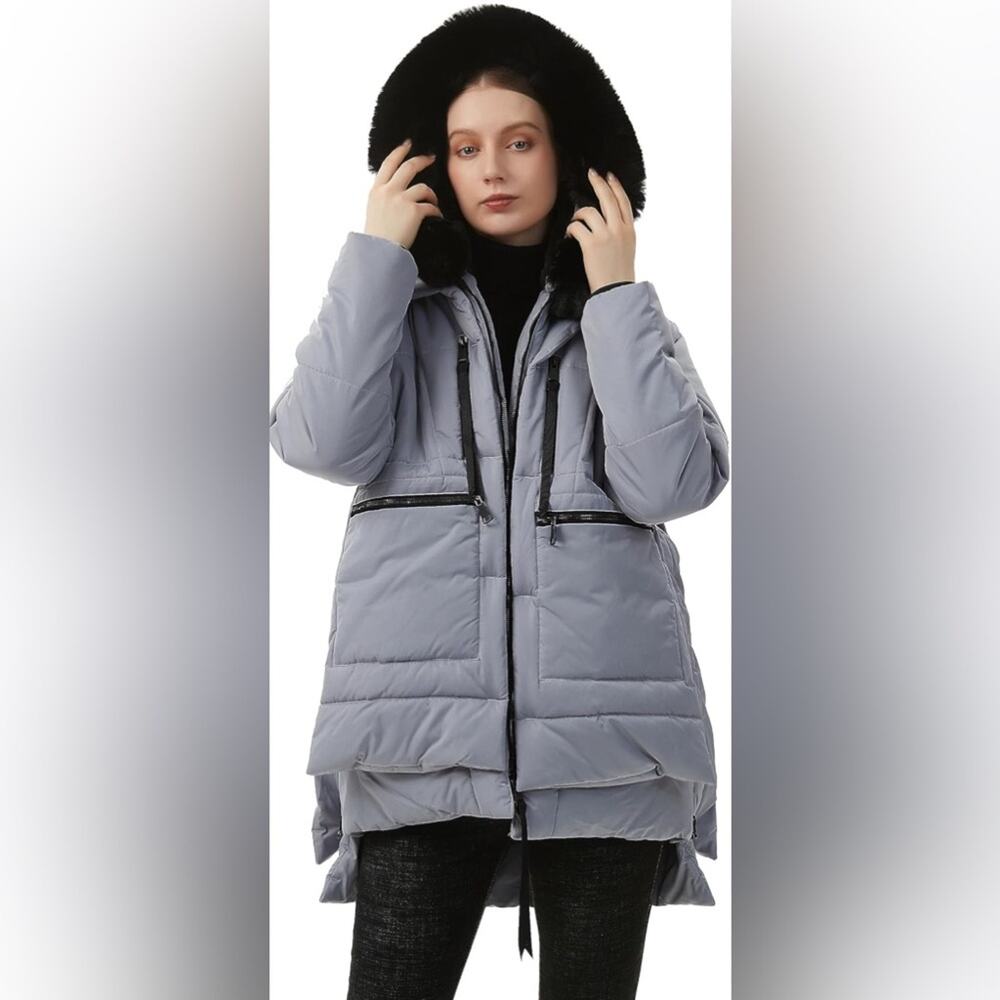 Full Zip Hooded Fur‎ lined Long Puffer Coat Jacket Small Winter parka Warm snow